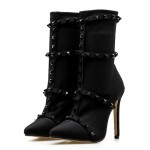 Black Square Studs Pointed Head Stiletto High Heels Boots Shoes