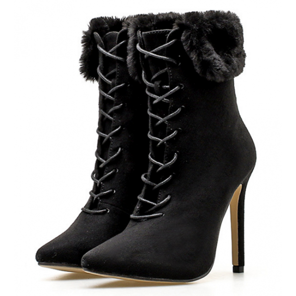 Black Suede Lace Up Fur Trim Pointed Head Stiletto High Heels Boots Shoes