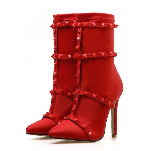 Red Square Studs Pointed Head Stiletto High Heels Boots Shoes