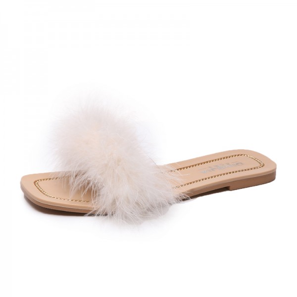 Furry Fur Fancy Slip On Flats Flip Flop Sandals Shoes