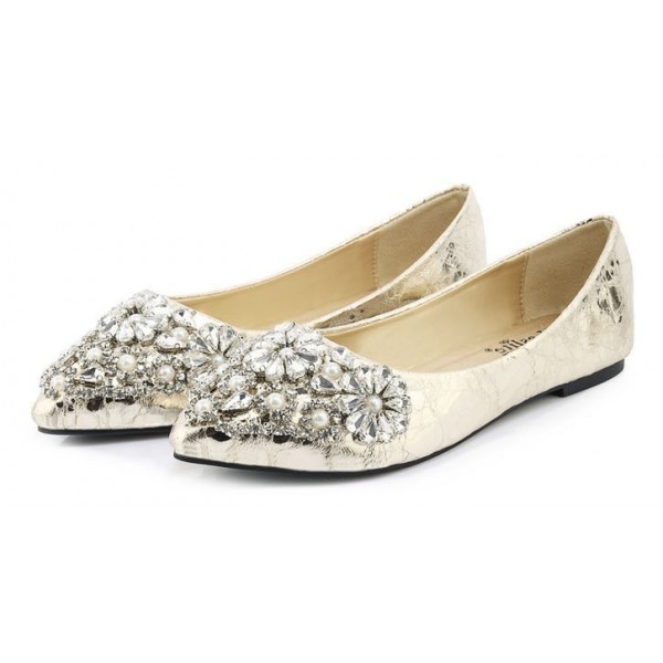 Gold Jewels Pearls Diamantes Crystals Bling Bling Pointed Head Flats Ballets Shoes