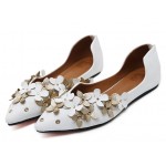 White Flowers Pointed Head Flats Ballets Shoes