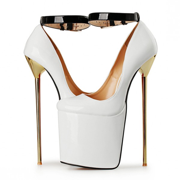 White Patent Leather Platforms Gold Metal Sexy Stiletto Mens High Heels Shoes