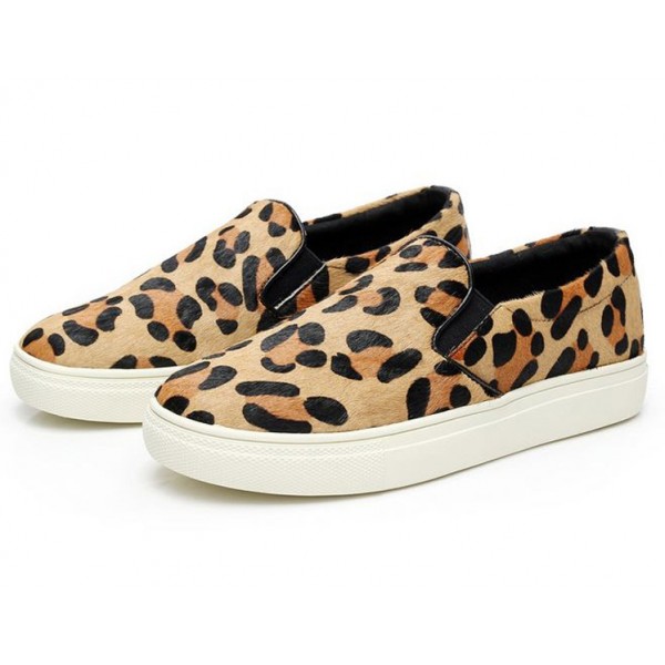 Khaki Leopard Print Pony Fur Flats Loafers Sneakers Shoes