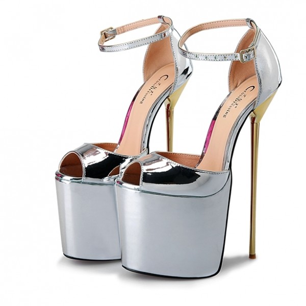 Silver Patent Leather Platforms Peeptoe Gold Metal Sexy Stiletto Mens High Heels Shoes
