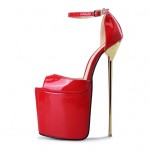 Red Patent Leather Platforms Peeptoe Gold Metal Sexy Stiletto Mens High Heels Shoes