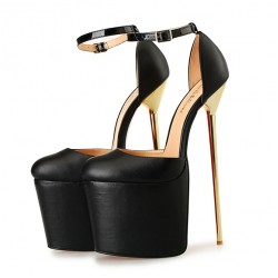 Black Leather Platforms Ankle Straps Gold Metal Sexy Stiletto Mens High Heels Shoes