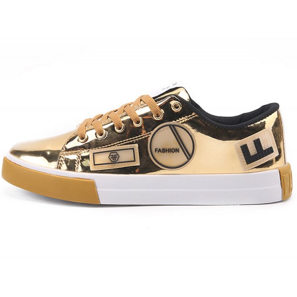 Gold Metallic Patches Lace Up Street Mens Sneakers Shoes