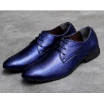 Blue Metallic Patterned Pointed Head Lace Up Mens Oxfords Shoes