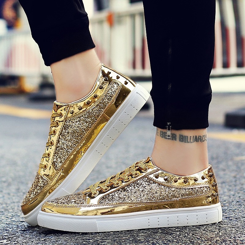 Gold Glittering Sparkle Metallic Studs Punk Rock Lace Up Mens Sneakers ...