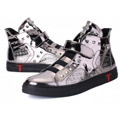 Grey Mirror Metallic Studs Punk Rock High Top Mens Sneakers Shoes