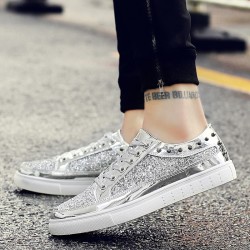 Silver Glittering Sparkle Metallic Studs Punk Rock Lace Up Mens Sneakers Shoes