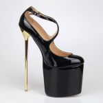 Black Patent Platforms Cross Straps Gold Metal Sexy Stiletto Mens High Heels Shoes