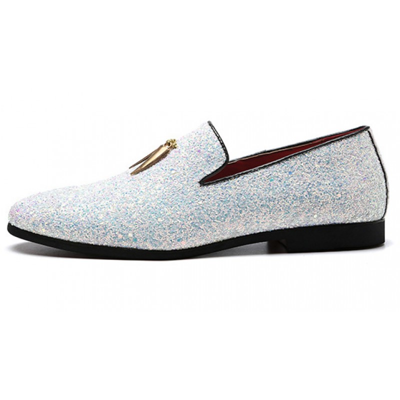 White Glitter Sparkle Gold Horn Mens Oxfords Loafers Dress Shoes Flats