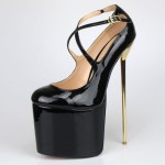 Black Patent Platforms Cross Straps Gold Metal Sexy Stiletto Mens High Heels Shoes
