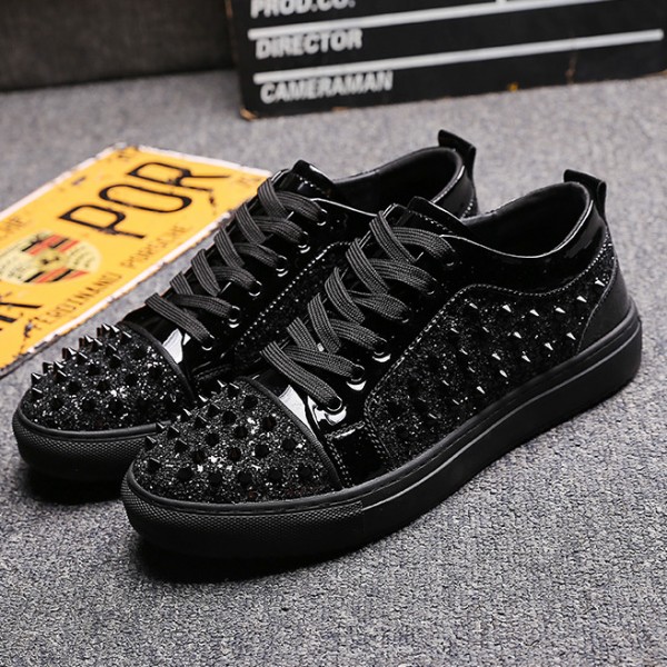 Black Patent Glitter Spikes Punk Rock Mens Lace Up Sneakers Shoes
