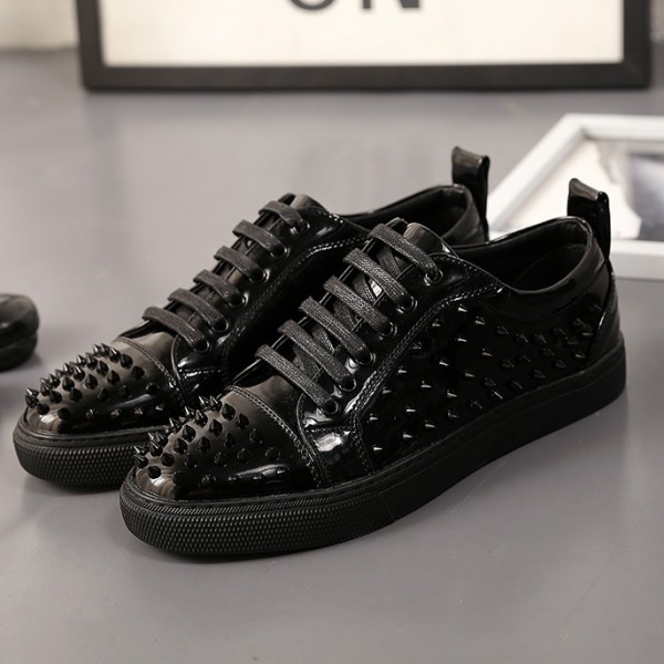 Black Patent Spikes Punk Rock Mens Lace Up Sneakers Shoes