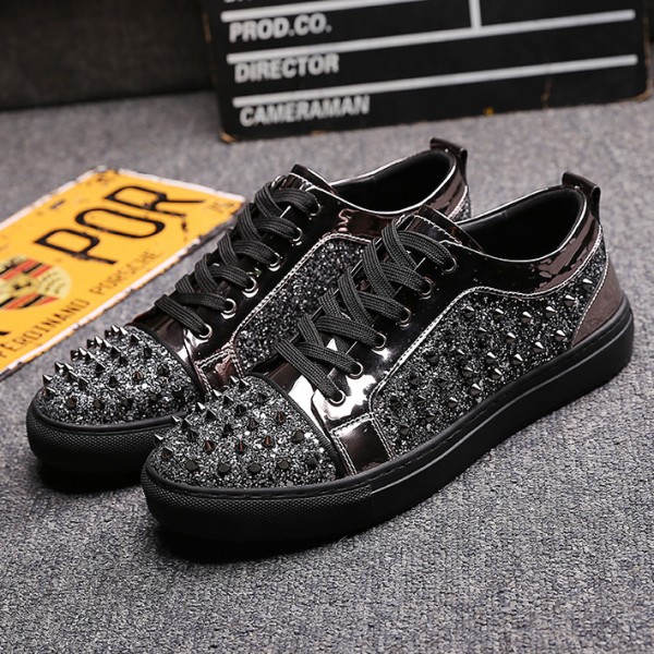 Grey Silver Patent Glitter Spikes Punk Rock Mens Lace Up Sneakers Shoes