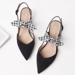 Black Suede Point Head Slip On Checkers Bow Sandals Ballerina Ballet Sling Back Shoes 