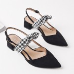 Black Suede Point Head Slip On Checkers Bow Sandals Ballerina Ballet Sling Back Shoes 