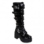 Black Patent Cross High Top Lolita Platforms Punk Rock Chunky Heels Boots Creepers Shoes