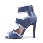 Blue Denim Jeans Ripped Straps Stiletto High Heels Sandals Shoes
