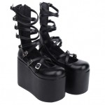 Black Strappy High Top Lolita Platforms Punk Rock Chunky Heels Boots Creepers Shoes