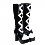 Black White Patent Hearts Bows High Top Lolita Platforms Punk Rock Chunky Heels Boots Creepers Shoes
