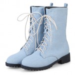 Blue Light Denim Jeans Lace Up High Top Womens Military Combat Boots Shoes