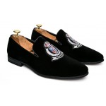 Black Velvet Embroidered Emblem Groove Mens Oxfords Loafers Dress Shoes Flats