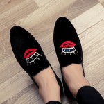 Black Velvet Embroidered Red Lips Crown Mens Oxfords Loafers Dress Shoes Flats