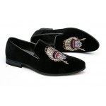 Black Velvet Embroidered Indian Tribals Mens Oxfords Loafers Dress Shoes Flats