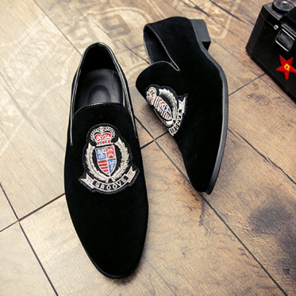 Black Velvet Embroidered Emblem Groove Mens Oxfords Loafers Dress Shoes Flats