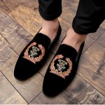 Black Velvet Embroidered Emblem Mens Oxfords Loafers Dress Shoes Flats