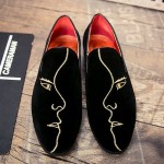 Black Velvet Embroidered Face Mens Oxfords Loafers Dress Shoes Flats