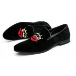 Black Velvet Embroidered Red Lips Crown Mens Oxfords Loafers Dress Shoes Flats
