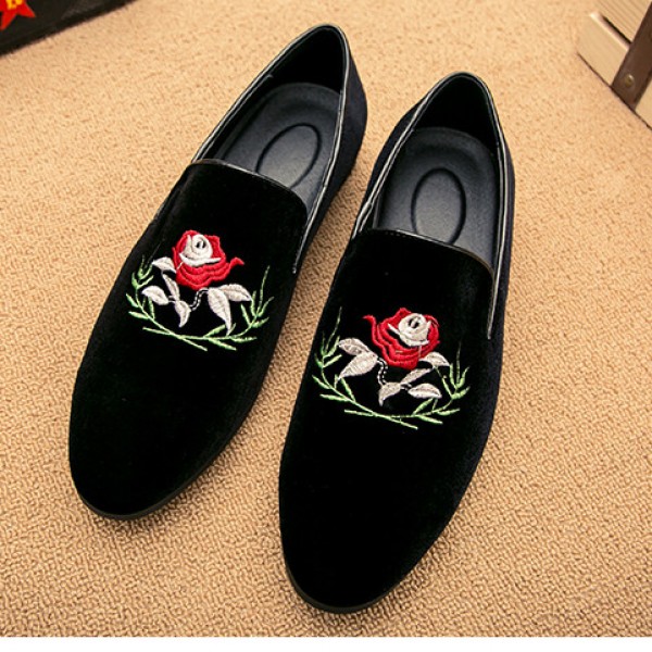Black Velvet Embroidered Red Rose Flower Mens Oxfords Loafers Dress Shoes Flats
