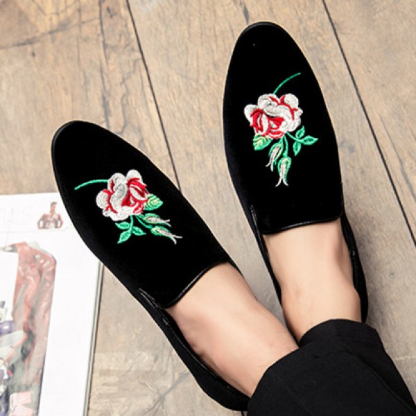 Black Velvet Embroidered White Rose Flower Mens Oxfords Loafers Dress Shoes Flats