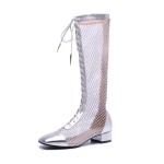 Silver Metallic Meshed Sheer Long Knee Lace Up Combat Boots Shoes