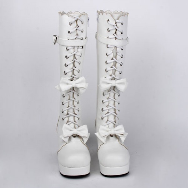 White Lace Up Bow Lolita Platforms Punk Rock Chunky Heels Boots Creepers Shoes