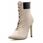 Beige Suede Point Head Lace Up Rider Stiletto High Heels Boots Shoes