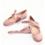 Pink Velvet Bow Round Head Flats Mary Jane Ballets Ballerina Shoes