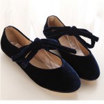 Blue Navy Velvet Cross Straps Round Head Flats Mary Jane Ballets Ballerina Shoes