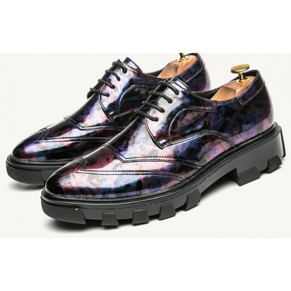 Purple Blue Glossy Patent Leather Thick Sole Lace Up Oxfords Flats Dress Shoes