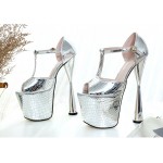 Silver Metallic T Strap Mary Jane Platforms Stiletto Super High Heels Shoes