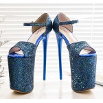 Blue Glitter Bling Bling Platforms Stiletto Super High Heels Shoes