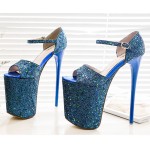 Blue Glitter Bling Bling Platforms Stiletto Super High Heels Shoes