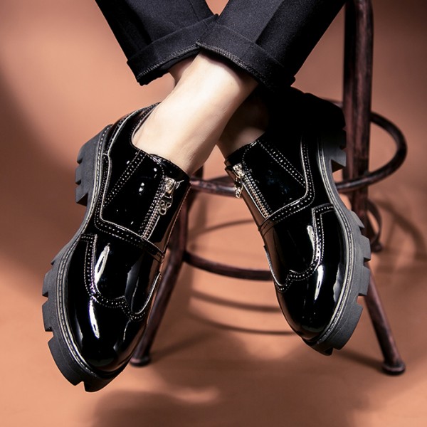 Black Glossy Patent Leather Thick Sole Skull Punk Rock Zipper Oxfords ...