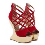 Red Gold Crisscross Strappy Platforms Weird Heels Wedges Sandals Shoes