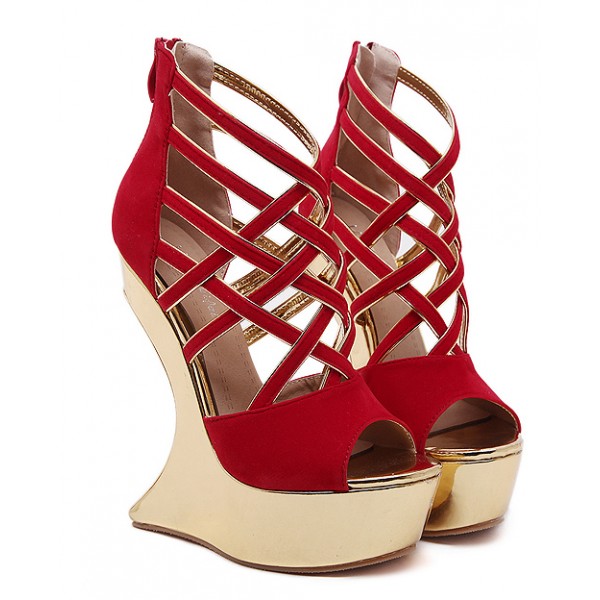 Red Gold Crisscross Strappy Platforms Weird Heels Wedges Sandals Shoes